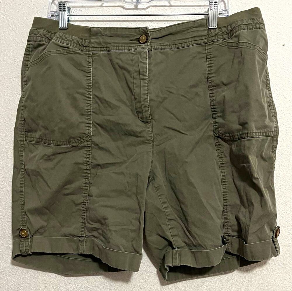 Karen Scott Women's Chino Shorts 16 Green Cotton Spandex Mid-Rise Pockets Button